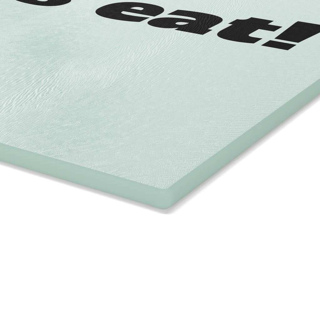 let's eat! Glass Cutting Board | Mint background, Bold black text